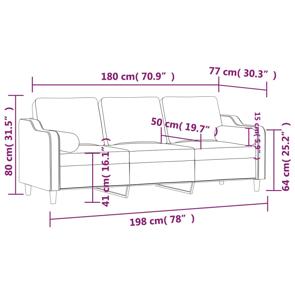 3-personers sofa med pyntepuder 180 cm stof cremefarvet