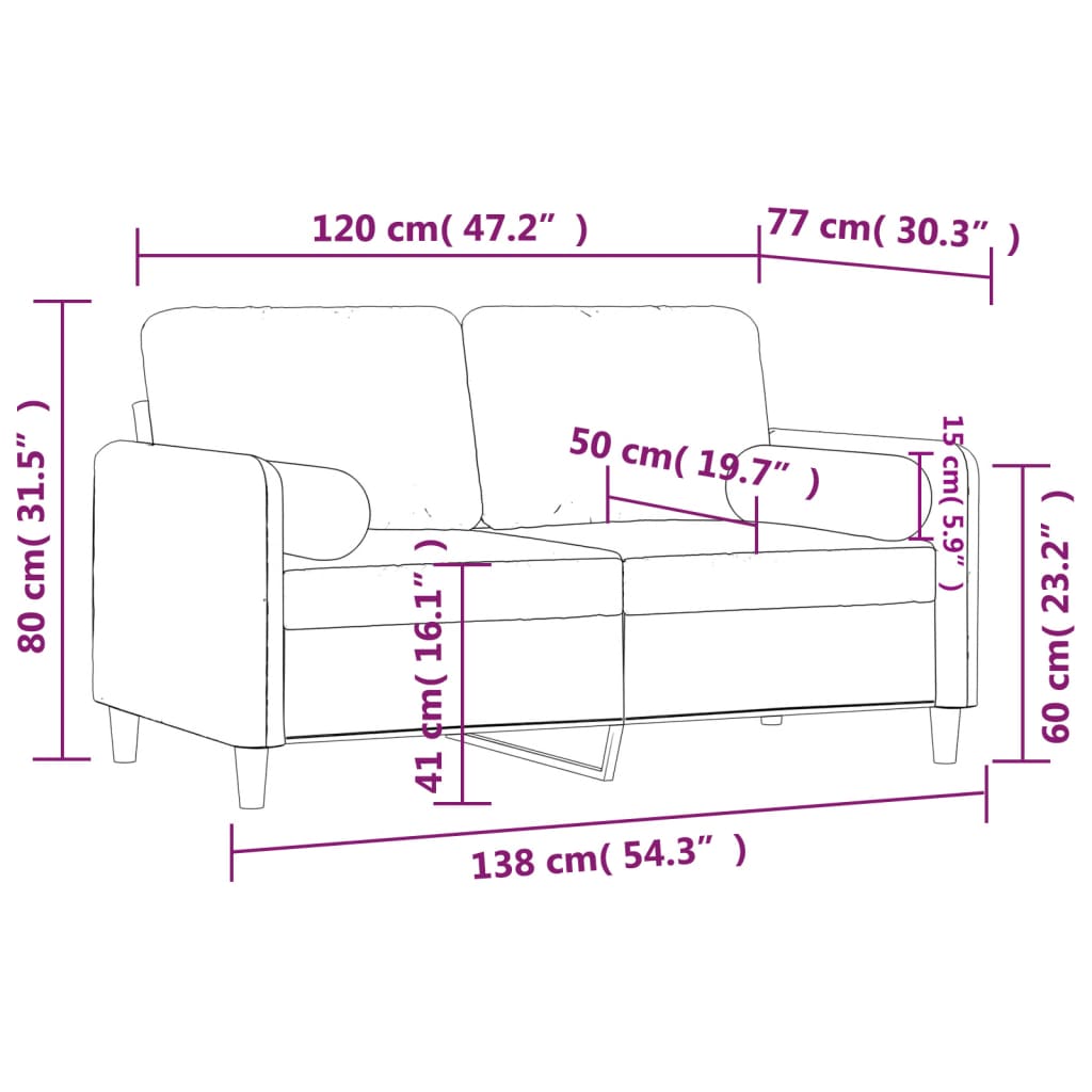 2-personers sofa med pyntepuder 120 cm velour vinrød