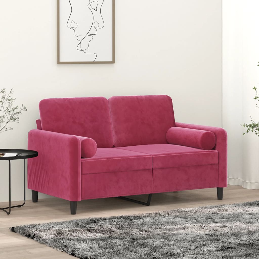 2-personers sofa med pyntepuder 120 cm velour vinrød