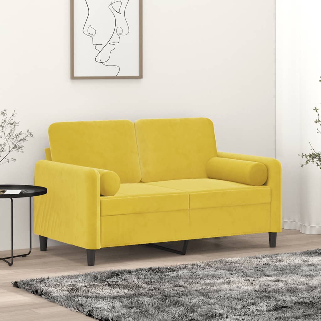 2-personers sofa med pyntepuder 120 cm velour gul