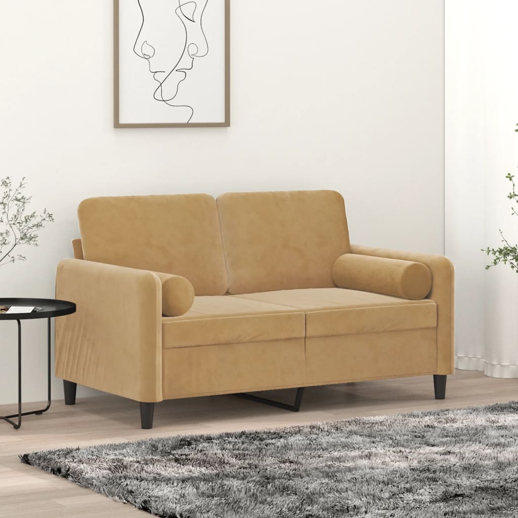 2-personers sofa med pyntepuder 120 cm velour brun