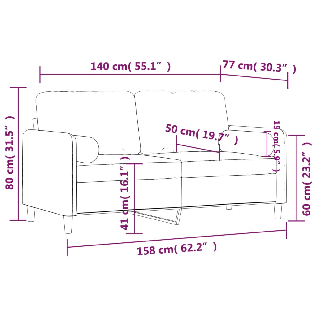 2-personers sofa med pyntepuder 140 cm velour lysegrå