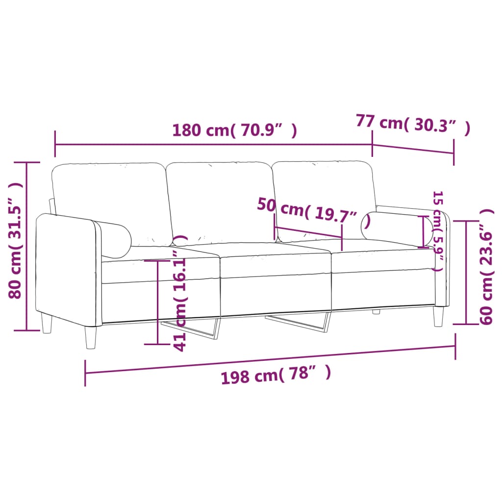 3-personers sofa med pyntepuder 180 cm velour pink