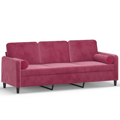 3-personers sofa med pyntepuder 180 cm velour vinrød