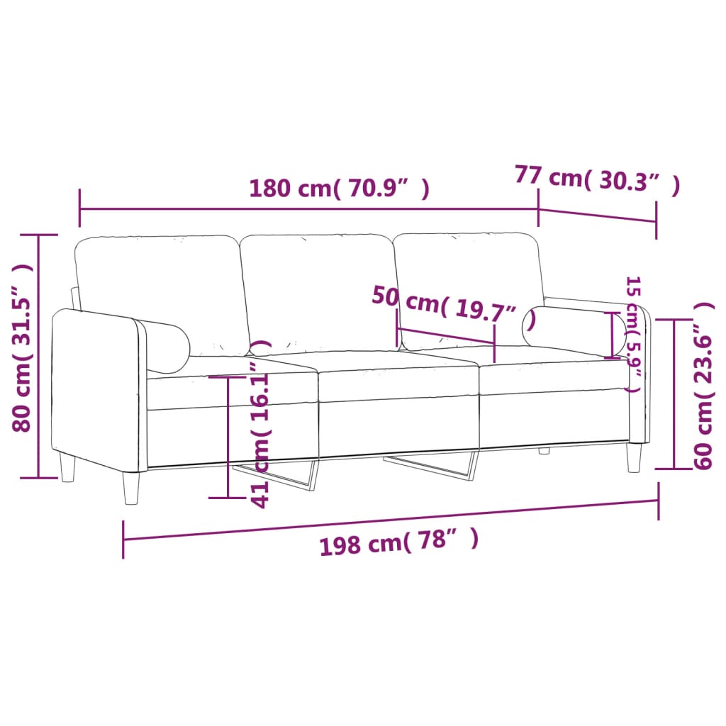 3-personers sofa med pyntepuder 180 cm velour vinrød