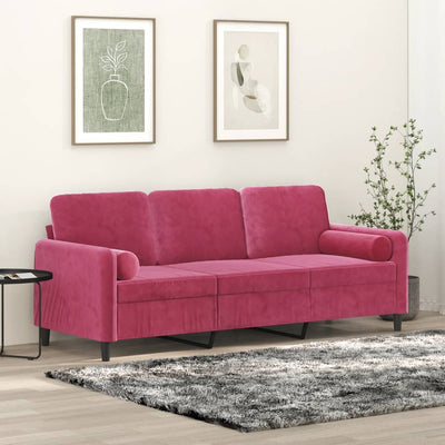 3-personers sofa med pyntepuder 180 cm velour vinrød