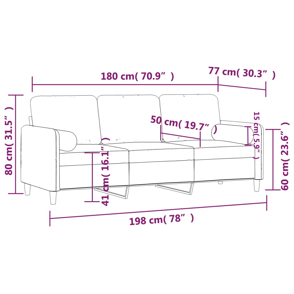 3-personers sofa med pyntepuder 180 cm velour blå