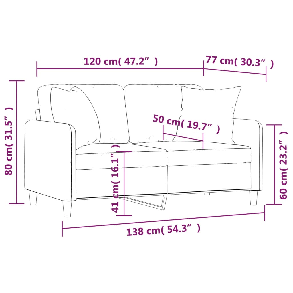 2-personers sofa med pyntepuder 120 cm stof lysegrå