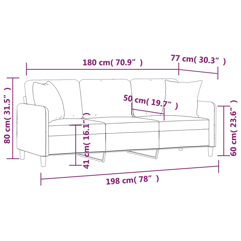 3-personers sofa med pyntepuder 180 cm stof lysegrå