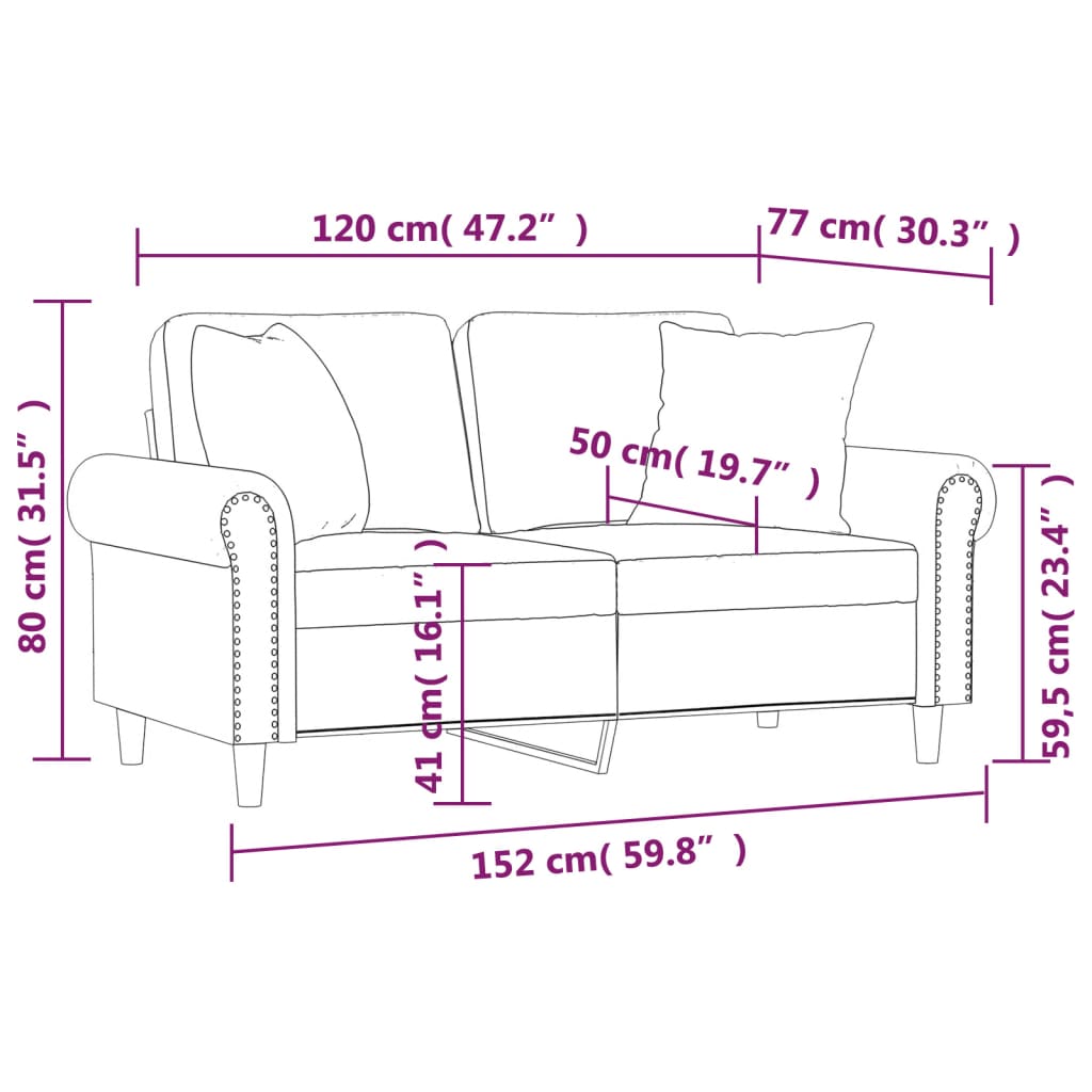 2-personers sofa med pyntepuder 120 cm kunstlæder vinrød