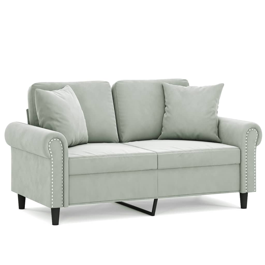 2-personers sofa med pyntepuder 120 cm velour lysegrå