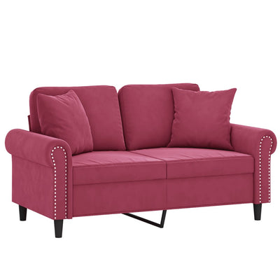 2-personers sofa med pyntepuder 120 cm velour vinrød