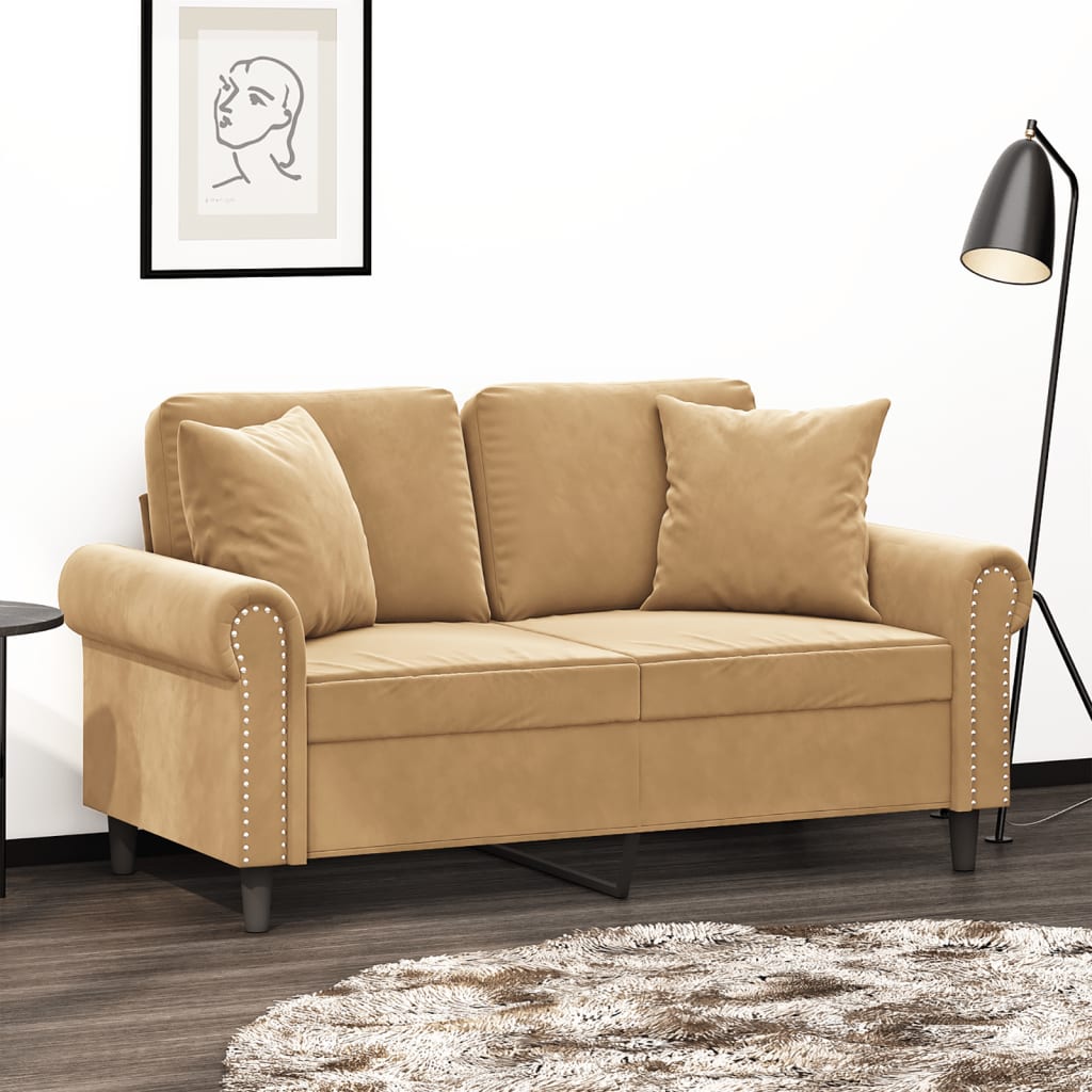 2-personers sofa med pyntepuder 120 cm velour brun