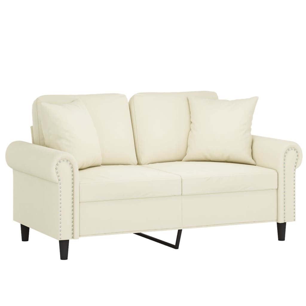 2-personers sofa med pyntepuder 120 cm velour cremefarvet