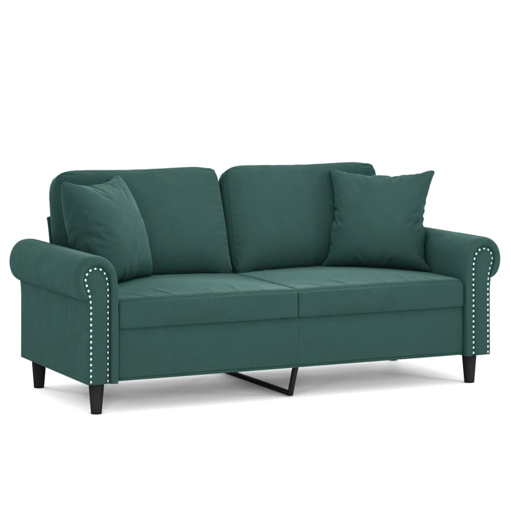 2-personers sofa med pyntepuder 140 cm velour mørkegrøn