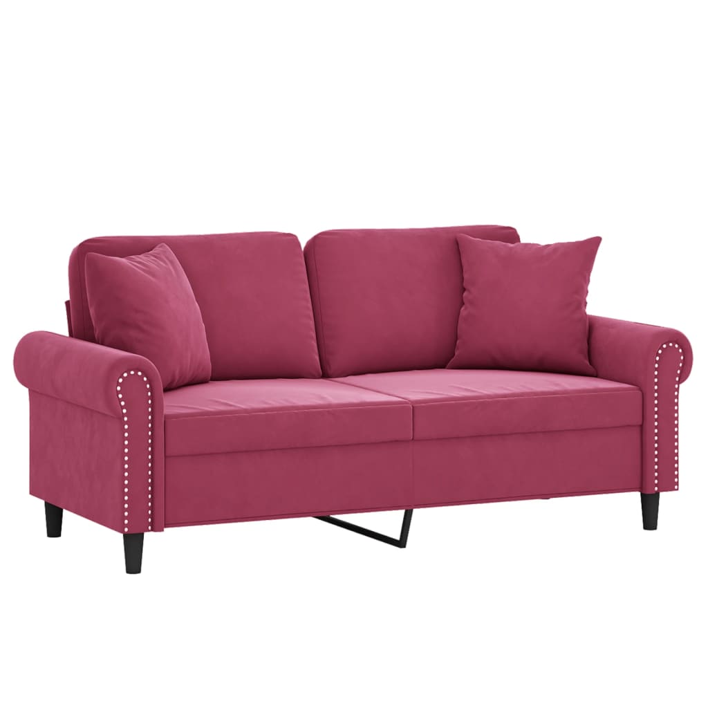 2-personers sofa med pyntepuder 140 cm velour vinrød