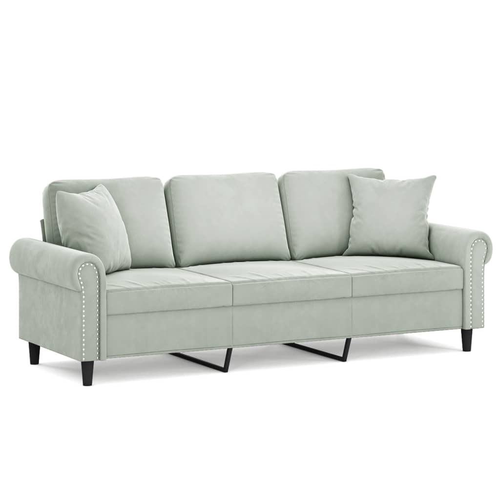 3-personers sofa med pyntepuder 180 cm velour lysegrå