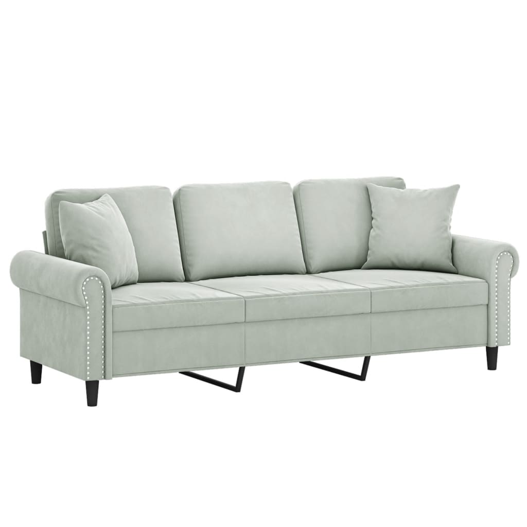 3-personers sofa med pyntepuder 180 cm velour lysegrå