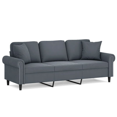 3-personers sofa med pyntepuder 180 cm velour mørkegrå