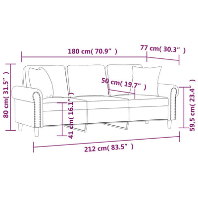 3-personers sofa med pyntepuder 180 cm velour mørkegrå