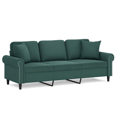 3-personers sofa med pyntepuder 180 cm velour mørkegrøn