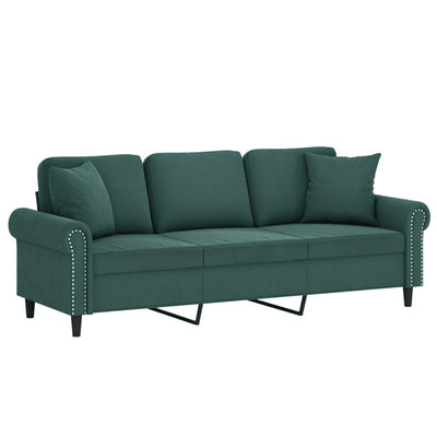 3-personers sofa med pyntepuder 180 cm velour mørkegrøn