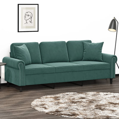 3-personers sofa med pyntepuder 180 cm velour mørkegrøn