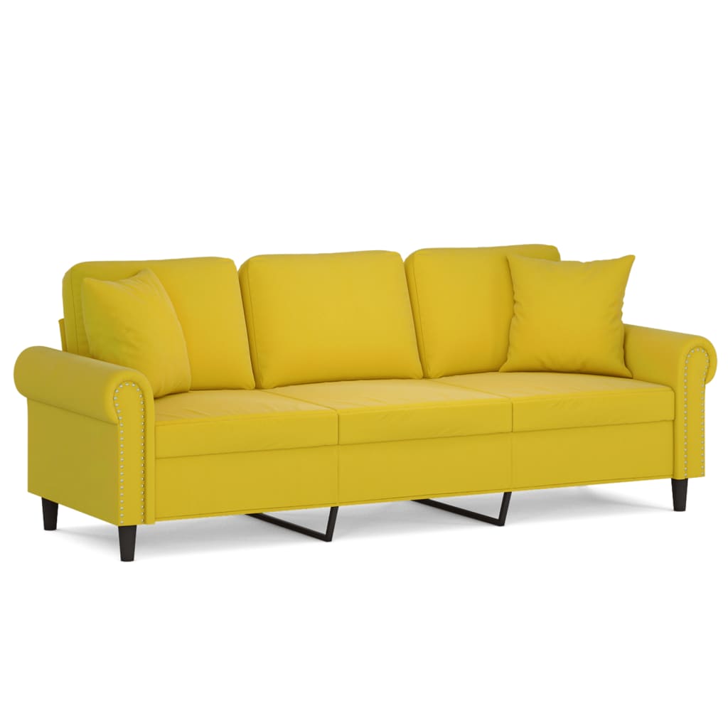 3-personers sofa med pyntepuder 180 cm velour gul