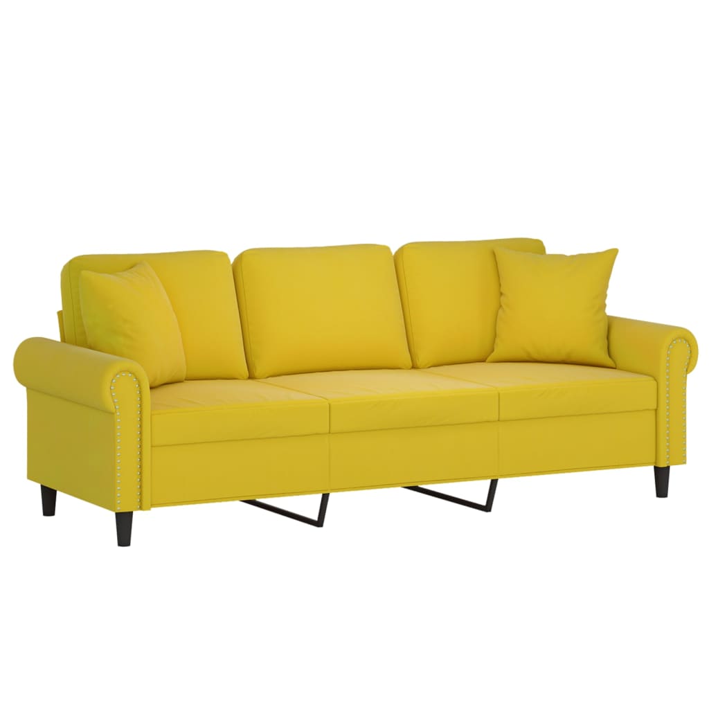 3-personers sofa med pyntepuder 180 cm velour gul