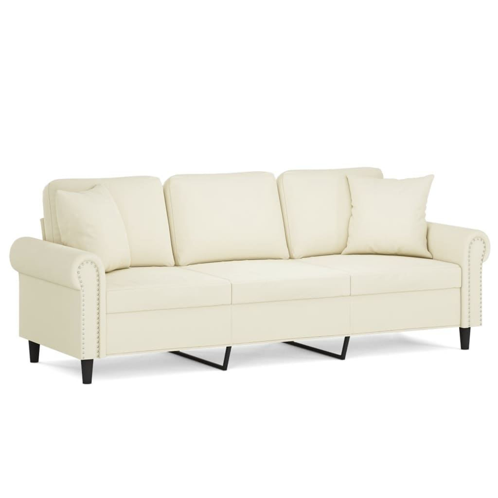 3-personers sofa med pyntepuder 180 cm velour cremefarvet