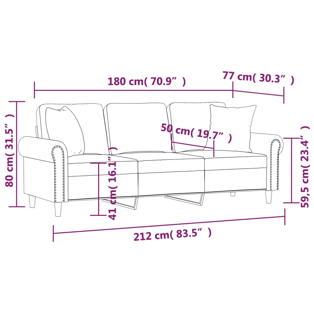 3-personers sofa med pyntepuder 180 cm velour cremefarvet