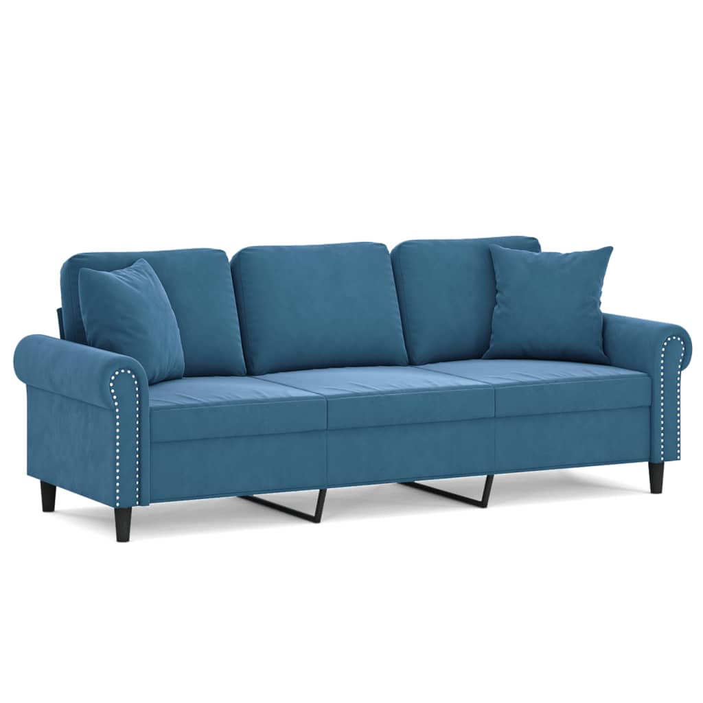 3-personers sofa med pyntepuder 180 cm velour blå