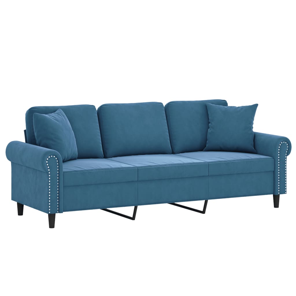 3-personers sofa med pyntepuder 180 cm velour blå