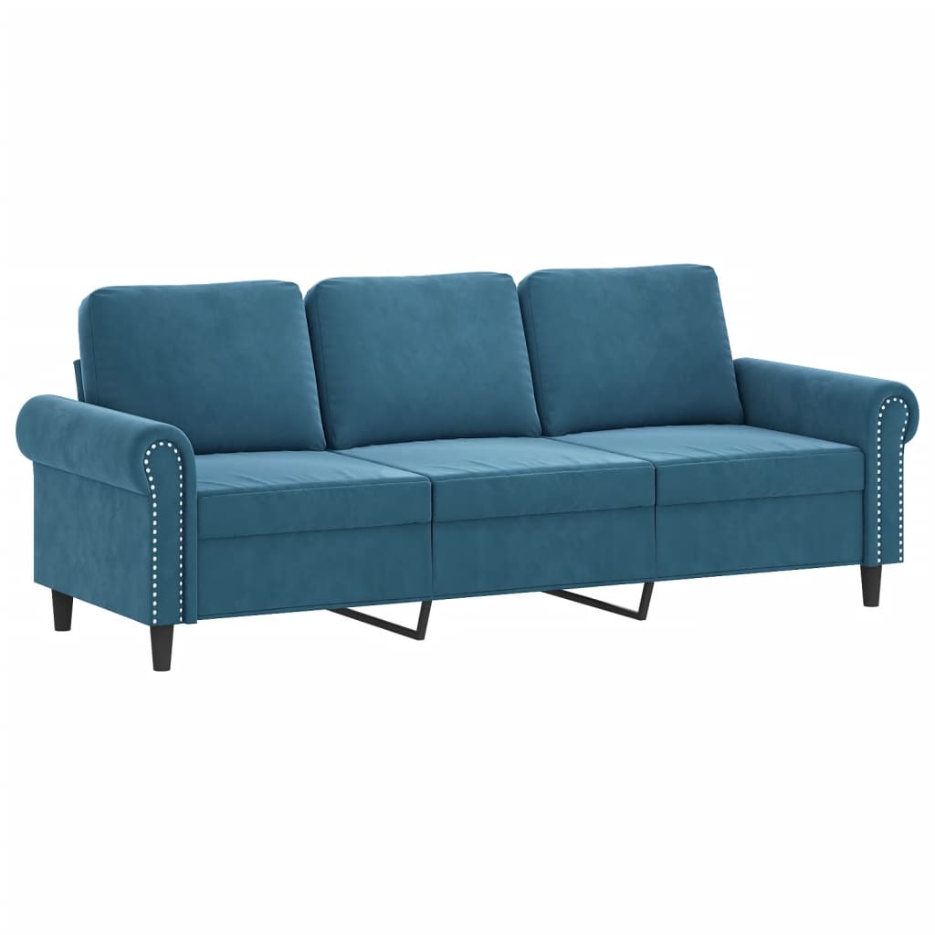 3-personers sofa med pyntepuder 180 cm velour blå