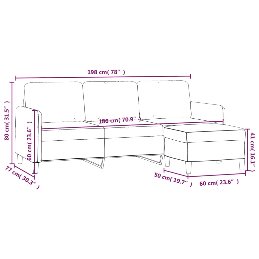 3-personers sofa med fodskammel 180 cm velour cremefarvet