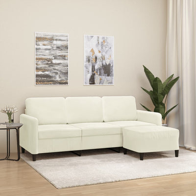 3-personers sofa med fodskammel 180 cm velour cremefarvet