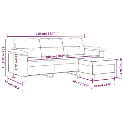 3-personers sofa med fodskammel 180 cm mikrofiberstof lysegrå