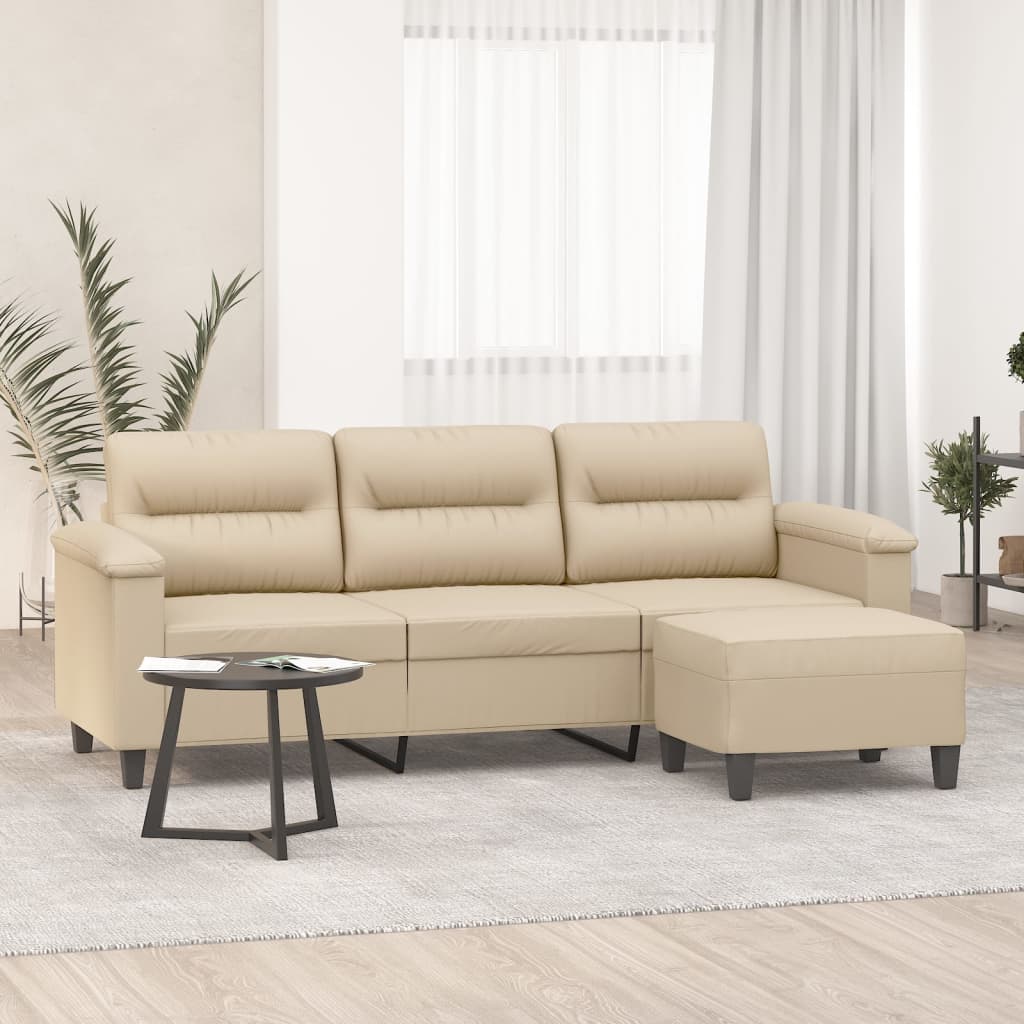 3-personers sofa med fodskammel 180 cm mikrofiberstof creme