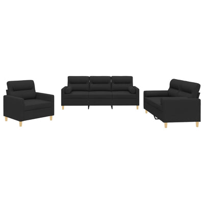 sofasæt 3 dele med puder stof sort