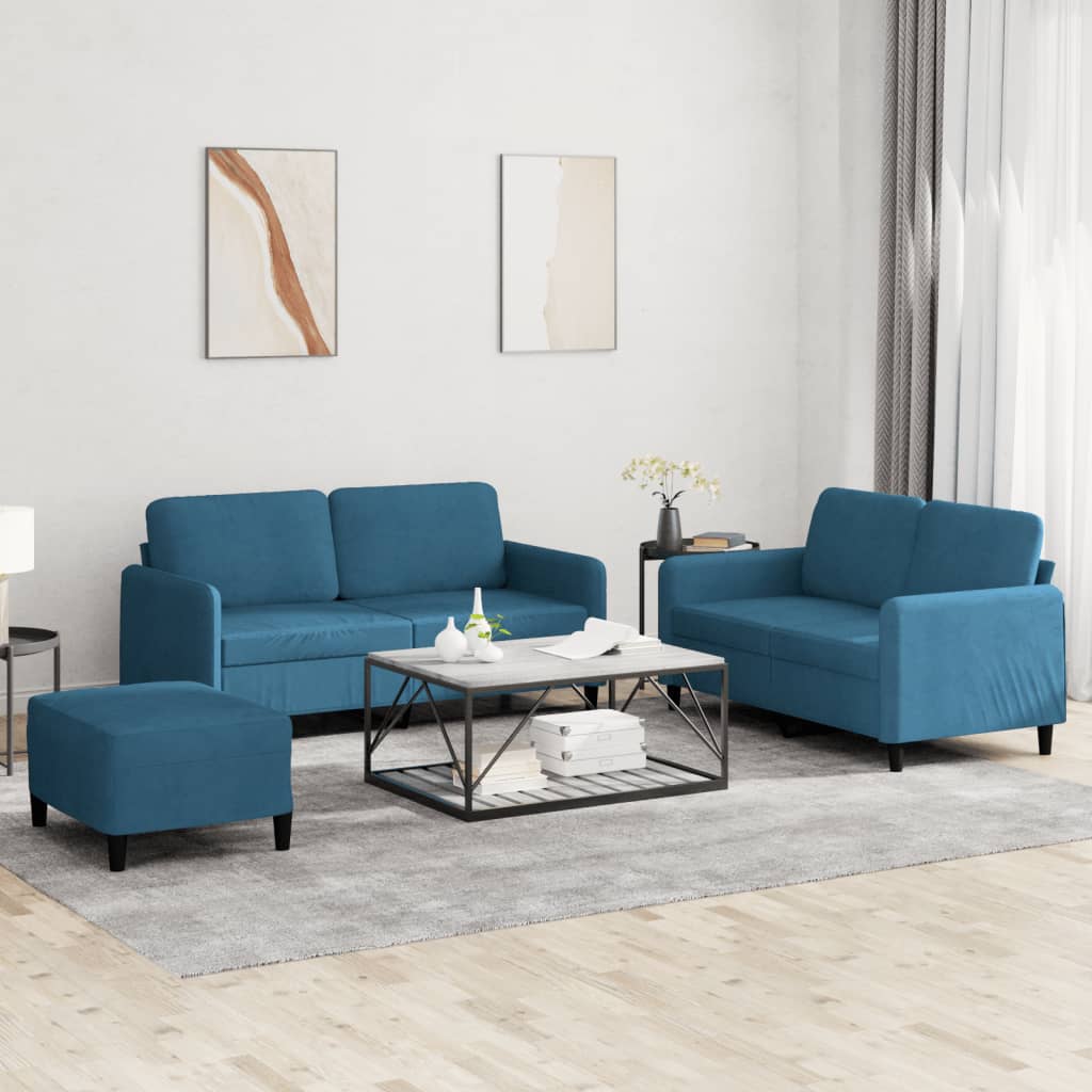 sofasæt 3 dele velour blå