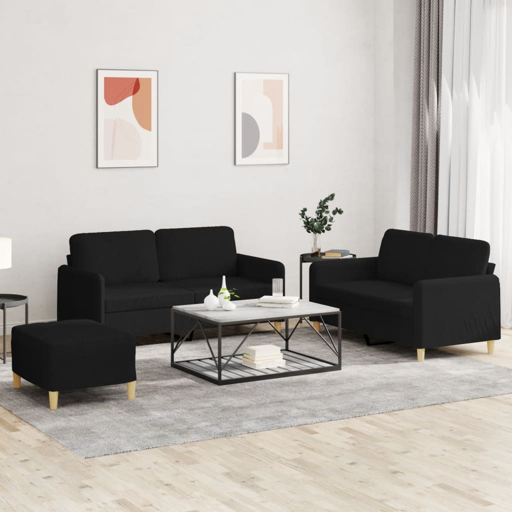 sofasæt 3 dele med hynder stof sort