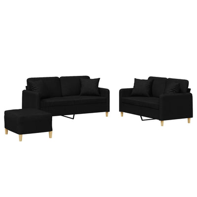 sofasæt 3 dele med puder stof sort