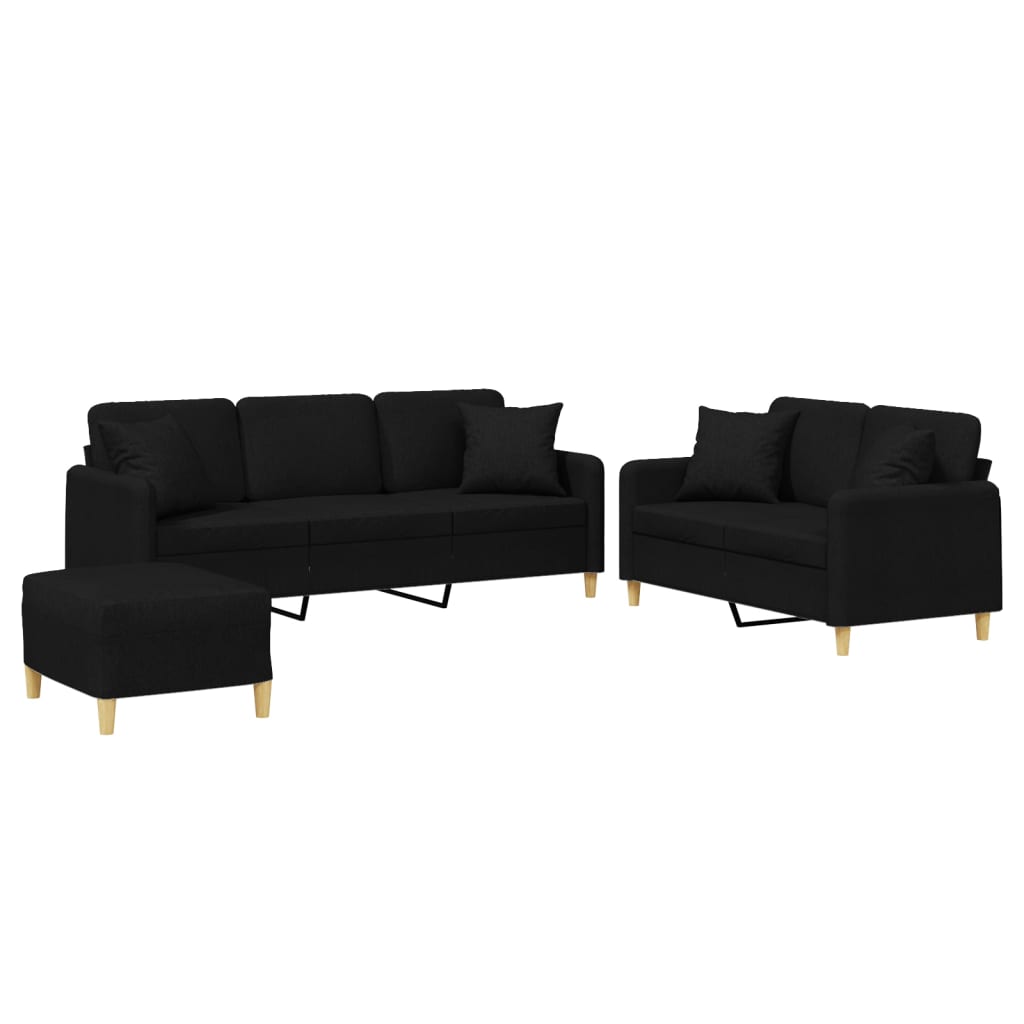 sofasæt 3 dele med puder stof sort