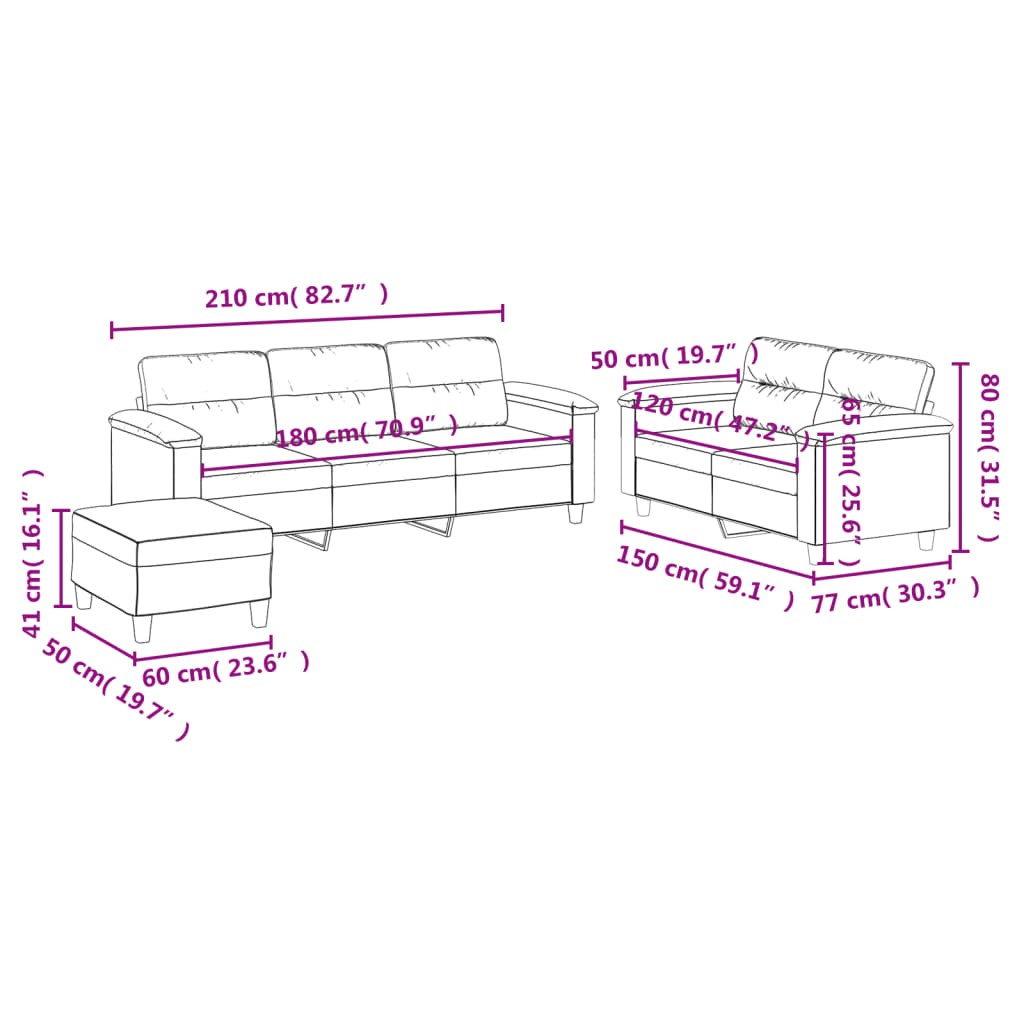 sofasæt 3 dele med hynder mikrofiberstof lysegrå