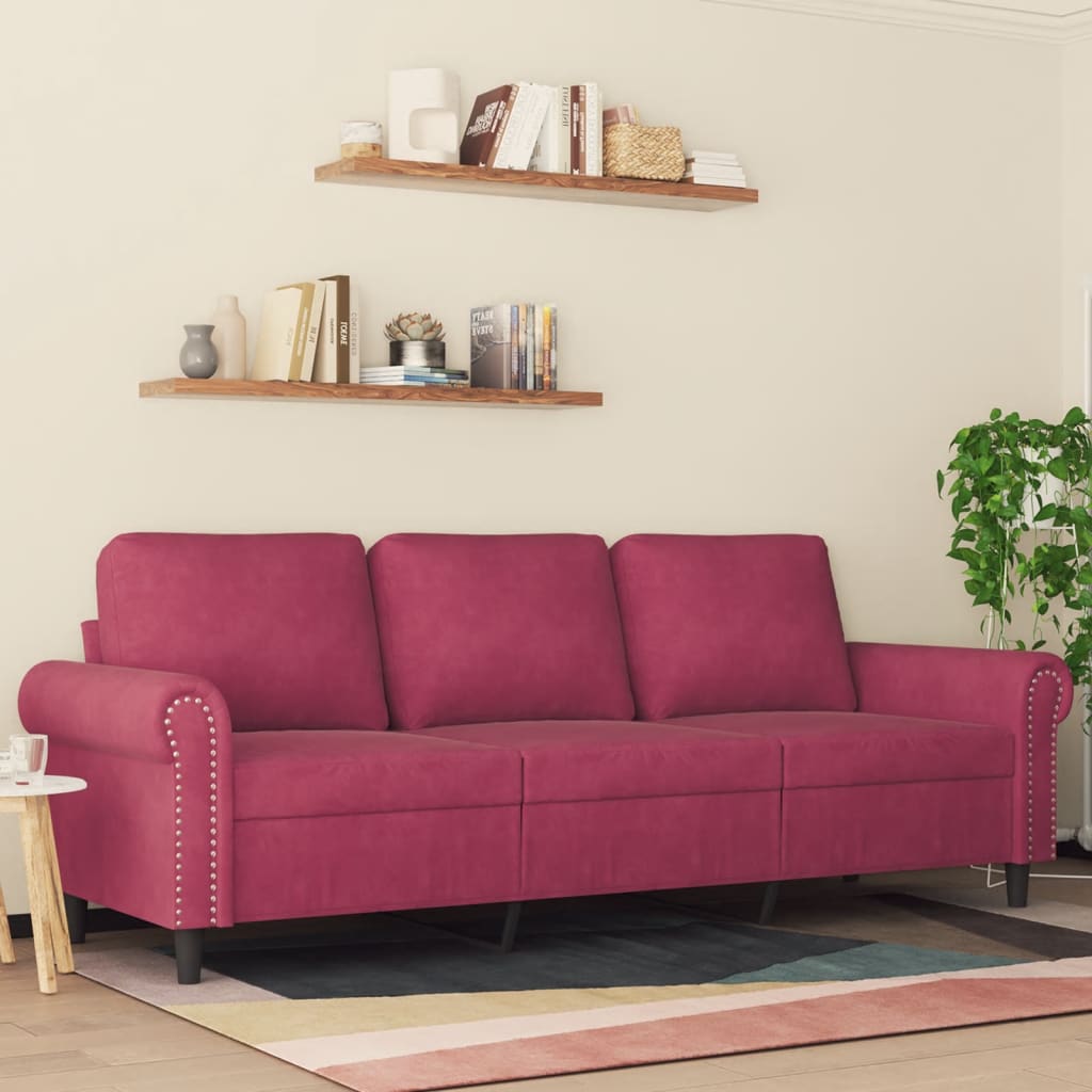 3-personers sofa 180 cm fløjl vinrød