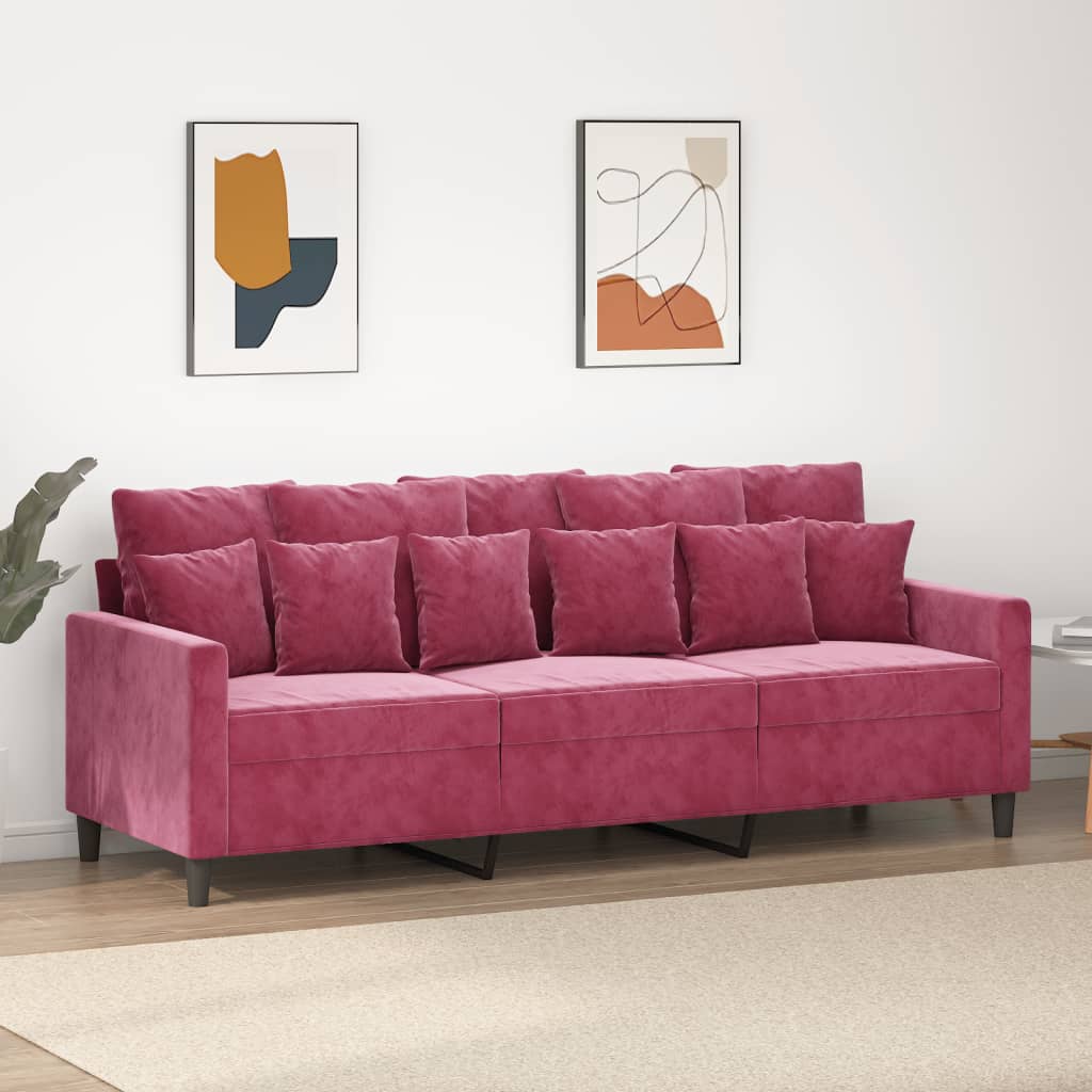 3-personers sofa 180 cm fløjl vinrød