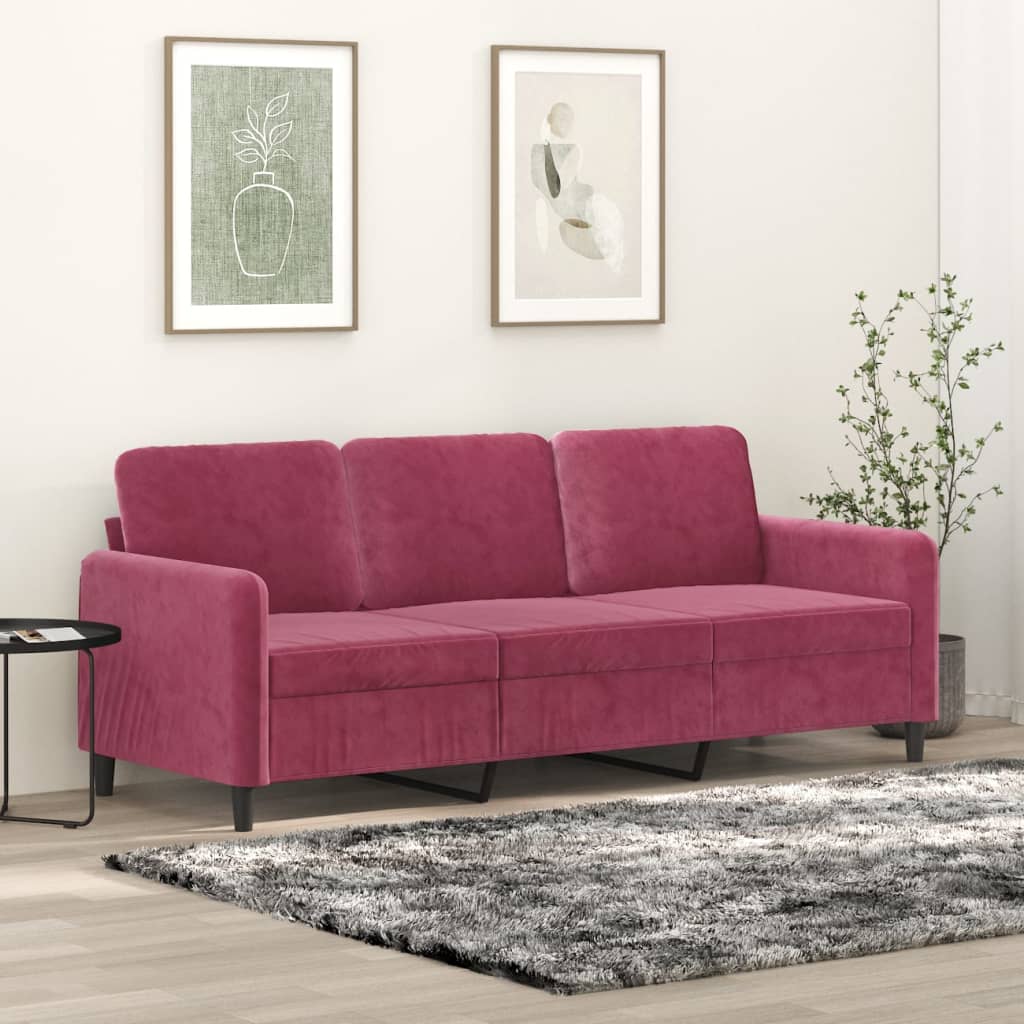 3-personers sofa 180 cm fløjl vinrød