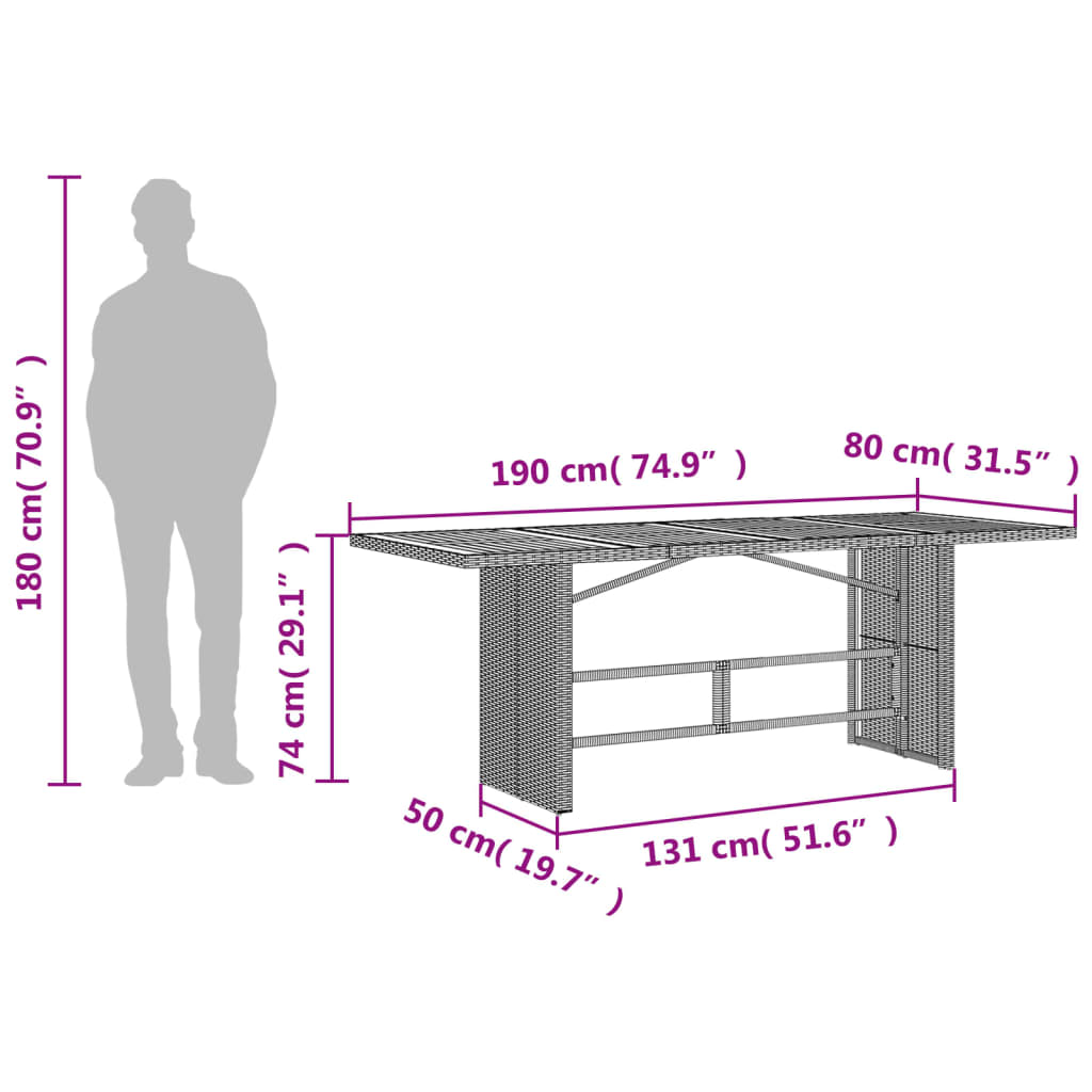 havebord med top i akacietræ 190x80x74 cm polyrattan sort