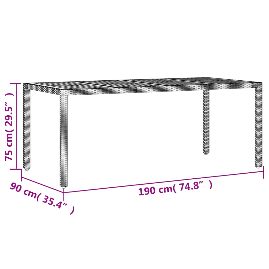 havebord med akacietop 190x90x75 cm polyrattan sort