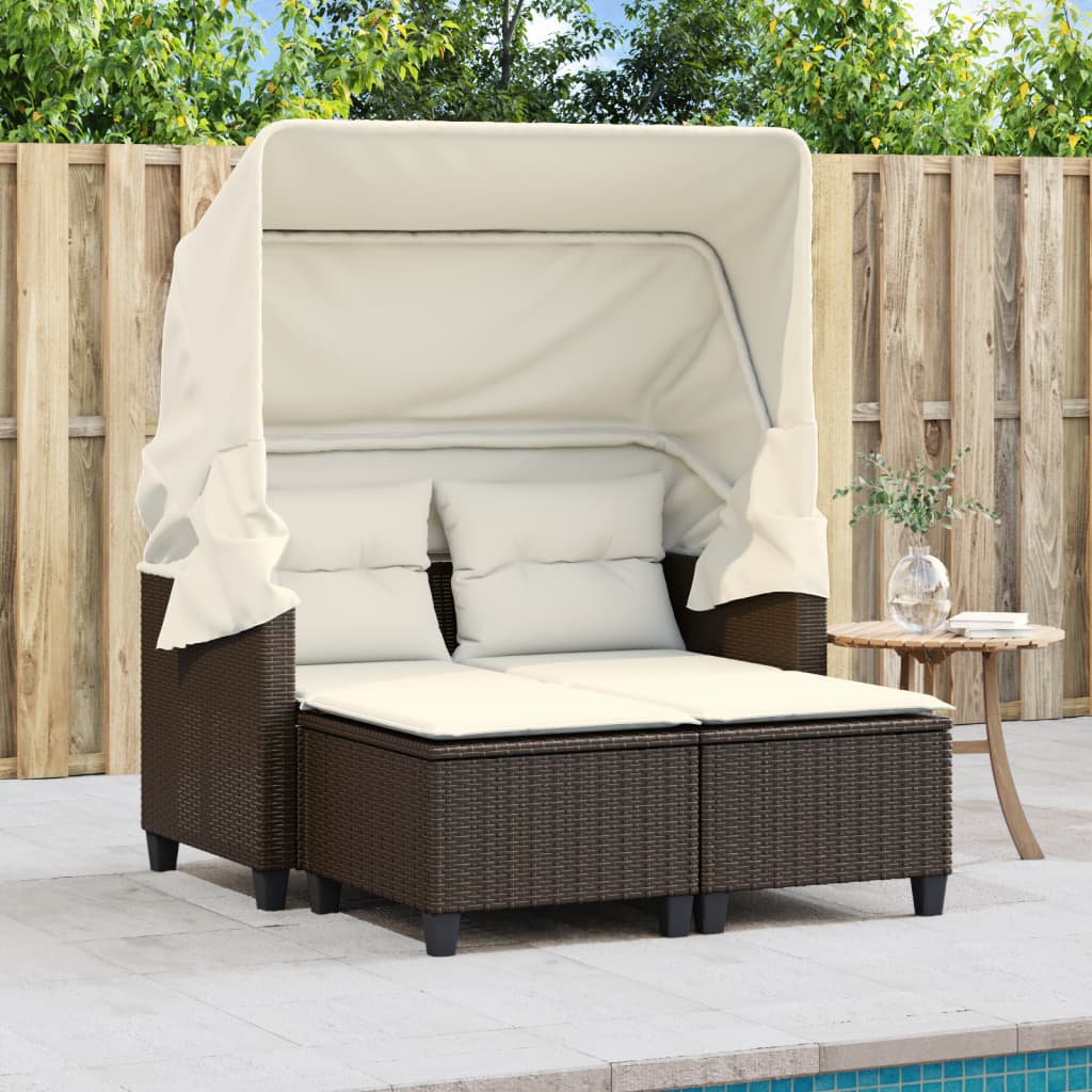 2-personers havesofa med baldakin og skamler polyrattan brun
